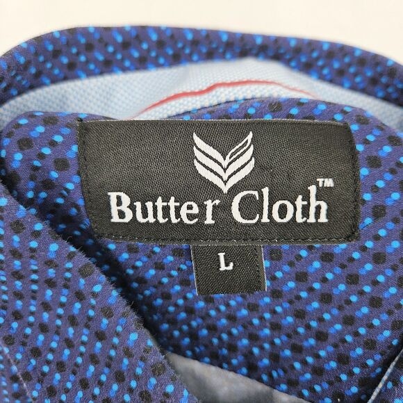 Butter Cloth Shirt Mens Large‎ Blue Circles Preppy Button Up Stretch FLAWS - Picture 10 of 11